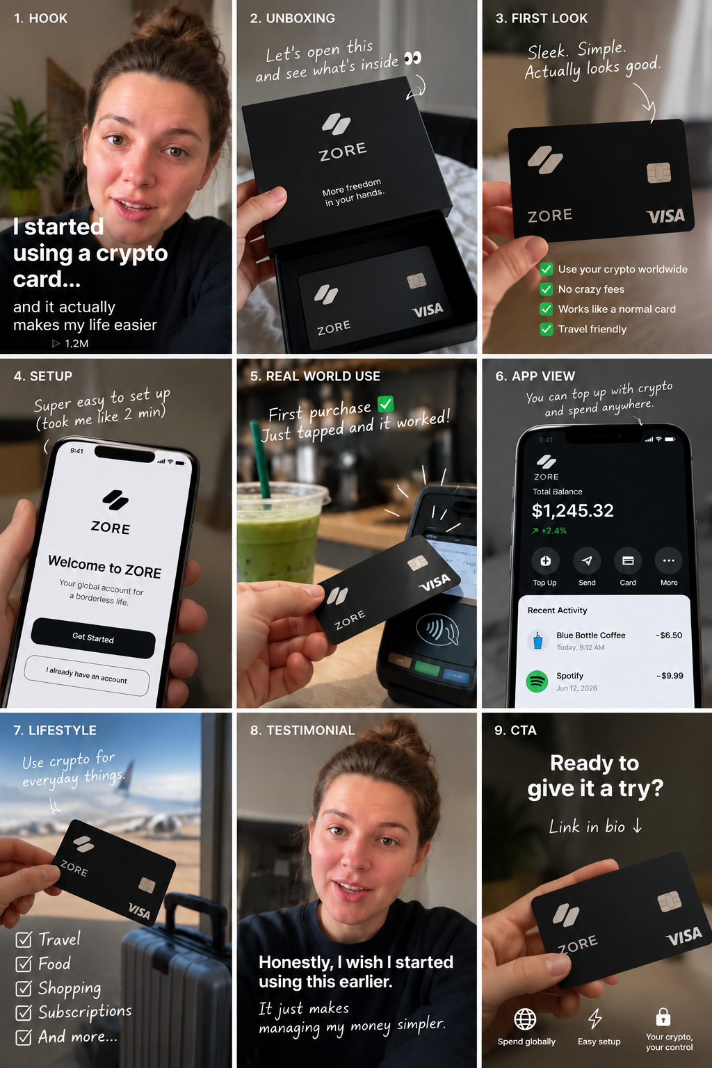Nine-frame ZORE creator-style product sample, from opening hook and unboxing to product demonstration and call to action